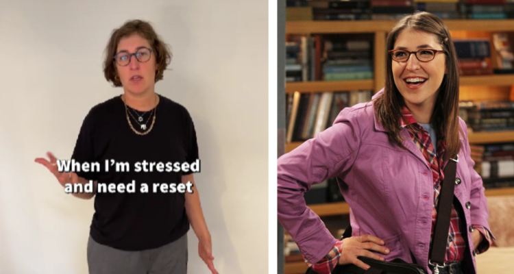 Captura de Tiktok de Mayim Bialik donde muestra su truco para el estrés (izquierda) y la actriz interpretando su personaje en The Big Bang Theory (derecha)