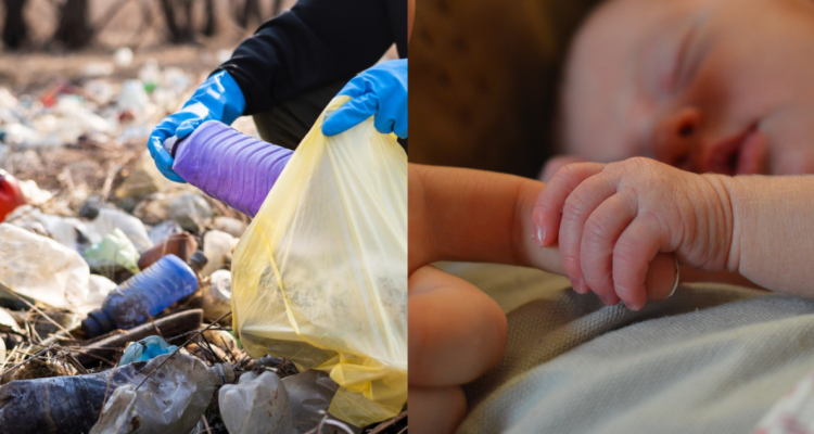 Persona recogiendo plásticos de la basura (izquierda) y un bebé sosteniendo el dedo de su mamá (derecha). Estudio detectó microplásticos en la leche materna por primera vez