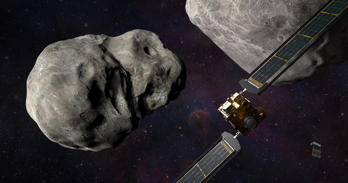 Ilustración de la misión DART, la cual buscaba desviar el trayecto de un asteroide en una simulación