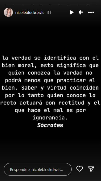 Nicole Block y su reflexión en torno a la verdad tras comentarios de su exesposo.