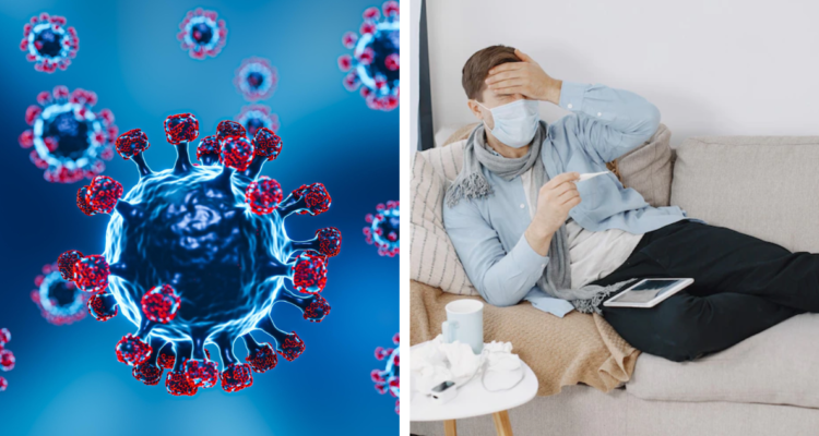 Ilustración del virus del Covid (Izquierda) y una persona enferma, contagiada con Omicron (Derecha). nuevas subvariantes