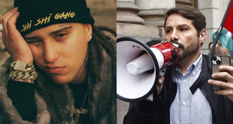 El artista Pablo Chill-e posando para la cámara. A su lado, Pancho Malo manifestándose en las afueras del ex Congreso.