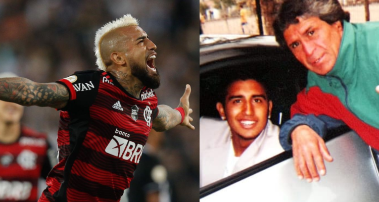 Arturo Vidal durante un partido de fútbol (Izquierda) ; Arturo Vidal junto a su padre, Erasmo Vidal, en el inicio de su carrera como futbolista (Derecha)