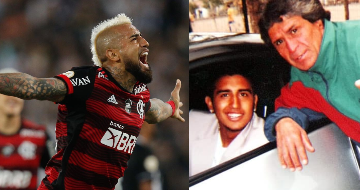 Arturo Vidal durante un partido de fútbol (Izquierda) ; Arturo Vidal junto a su padre, Erasmo Vidal, en el inicio de su carrera como futbolista (Derecha)