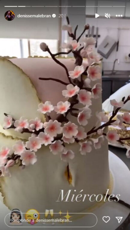 En la fotografía, se ve la torta nupcial blanca donde ramas de flores de cerezo simulan salir desde el interior del pastel.-