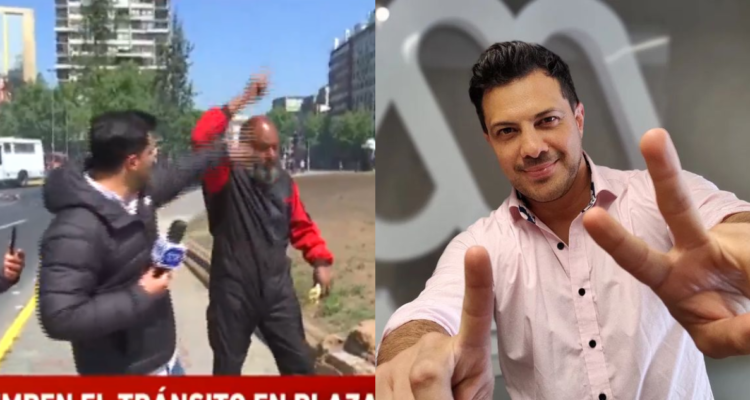 Simón Oliveros durante despacho en vivo donde fue agredido (Izquierda) Fotografía del periodista de Instagram (Derecha)
