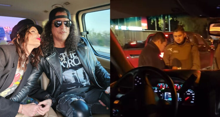 Slash y su pareja en un auto. La pareja fue detenida por Carabineros para un procedimiento de rutina.