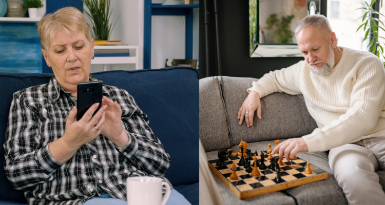Adulta mayor usando un celular (izquierda) y un adulto mayor jugando ajedrez (derecha). Superancianos con superneuronas podrían vulnerar el Alzheimer.