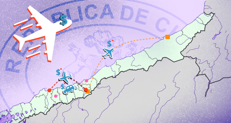 Gráfica que muestra un mapa de Chile con aviones sobrevolando de una ciudad a otra.