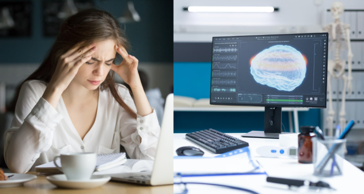 Mujer estresada trabajando (Izquierda); Ilustración del cerebro en una pantalla de computador (Derecha). Día de la salud mental, el truco para calmar la ansiedad y el estrés