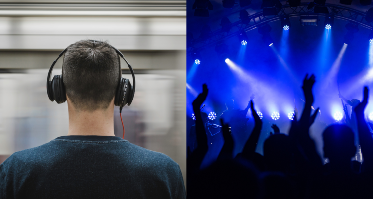 Hombre escuchando música con audifonos (izquierda) y personas en un concierto (derecha). Estudio dice que adolescentes y adultos jóvenes podrían quedar sordos