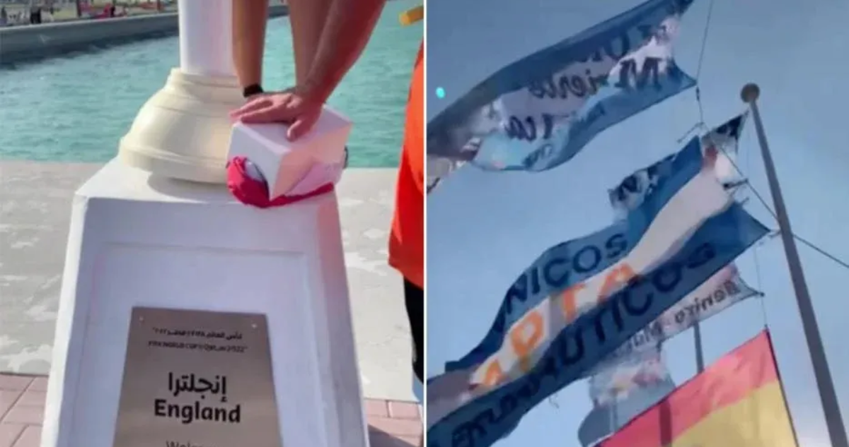 Hinchas de Argentina protagonizan escándalo en Qatar, tras bajar bandera de Inglaterra y subir la de Malvinas.