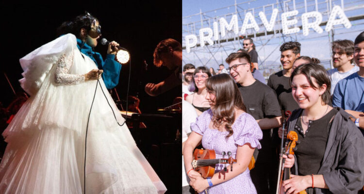 La cantante Björk en un concierto. A su lado, algunos jóvenes que son parte de FOJI.