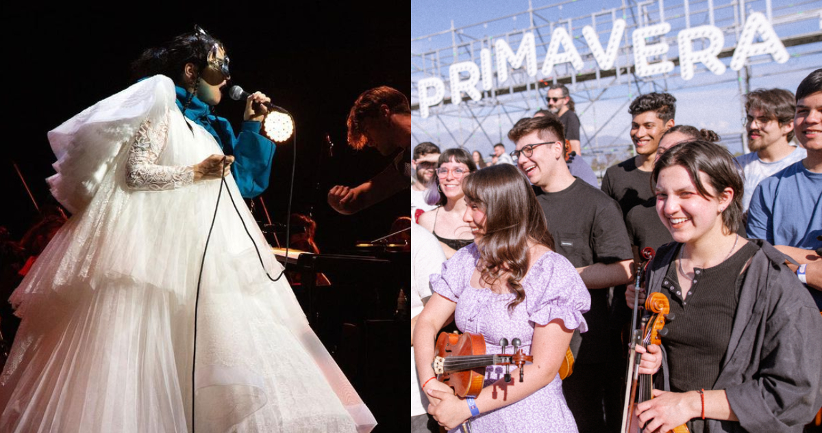 La cantante Björk en un concierto. A su lado, algunos jóvenes que son parte de FOJI.
