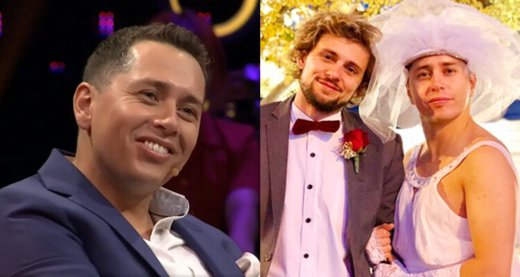 El comunicador Karol Lucero sonríe mientras recuerda su boda con Joaquín Méndez. A su lado, una foto de la ceremonia.