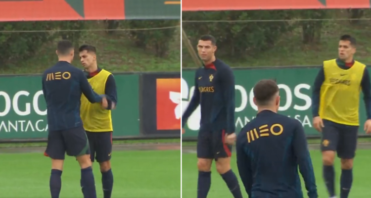 El incomodo momento entre Cristiano Ronaldo y Joao Cancelo.