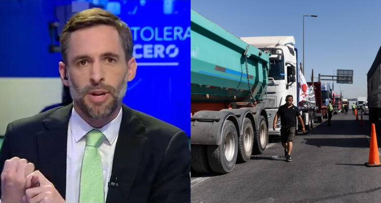 Daniel Matamala hablando en Tolerancia Cero. A su lado, una foto del paro de camioneros en su quinto día.