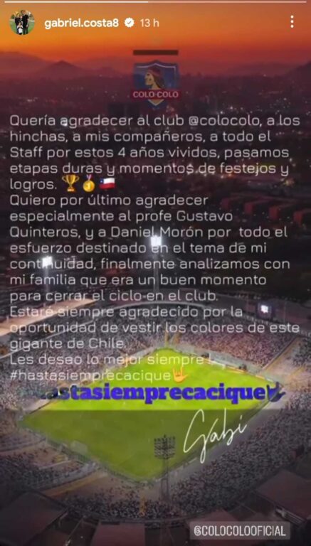 Carta de despedida de Gabriel Costa para los hinchas, plantel y dirigencia de Colo Colo.