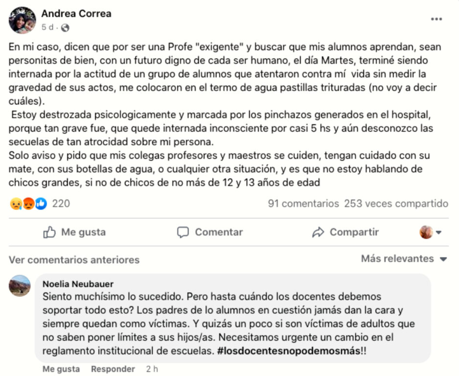 La docente argentina Andrea Correa publicó los hechos en su Facebook