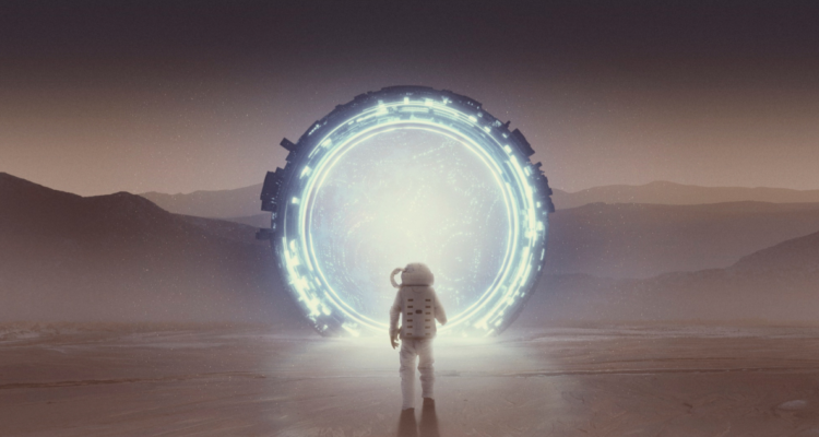 Ilustración astronauta cruzando portal en marte. Científicos de la NASA dijeron que los extraterrestres se aniquilaron a sí mismos y que los siguientes serían la raza humana