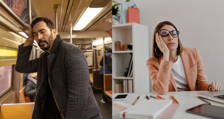 Persona quedándose dormida en el metro y otra en el trabajo. Expertos explican los síntomas para identificar si el cansancio se debe a fátiga poscovid o estrés