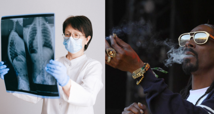 Doctora revisando radiografia a pulmones (izquierda) el rapero Snoop Dogg fumando marihuana en público