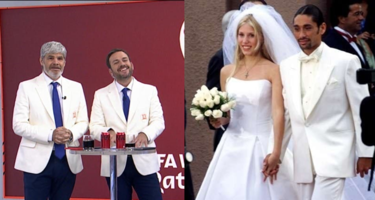 Juan Cristóbal Guarello durante la transmisión de Qatar (Izquierda) y Marcelo Chino Rios en su matrimonio con Giuliana Sotela (derecha)