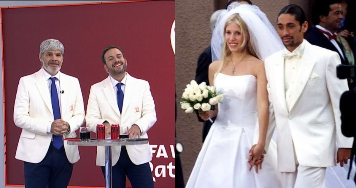 Juan Cristóbal Guarello durante la transmisión de Qatar (Izquierda) y Marcelo Chino Rios en su matrimonio con Giuliana Sotela (derecha)
