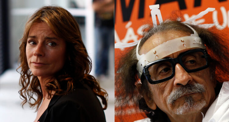 La animadora de televisión Katherine Salosny mira seria hacia atrás. A su lado, una foto de Florcita Motuda durante un evento de campaña en donde también tiene rostro serio.