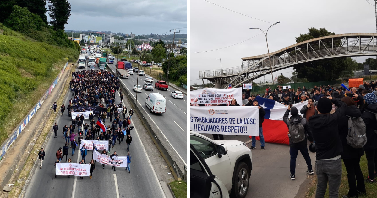 Marcha de trabajadores UCSC hacia Concepción