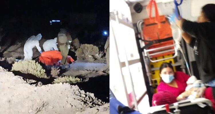 Personal de SML trabajando tras hallazdo de mujer fallecida y mujer boliviana con su hijo en ambulancia tras dar a luz en la frontera