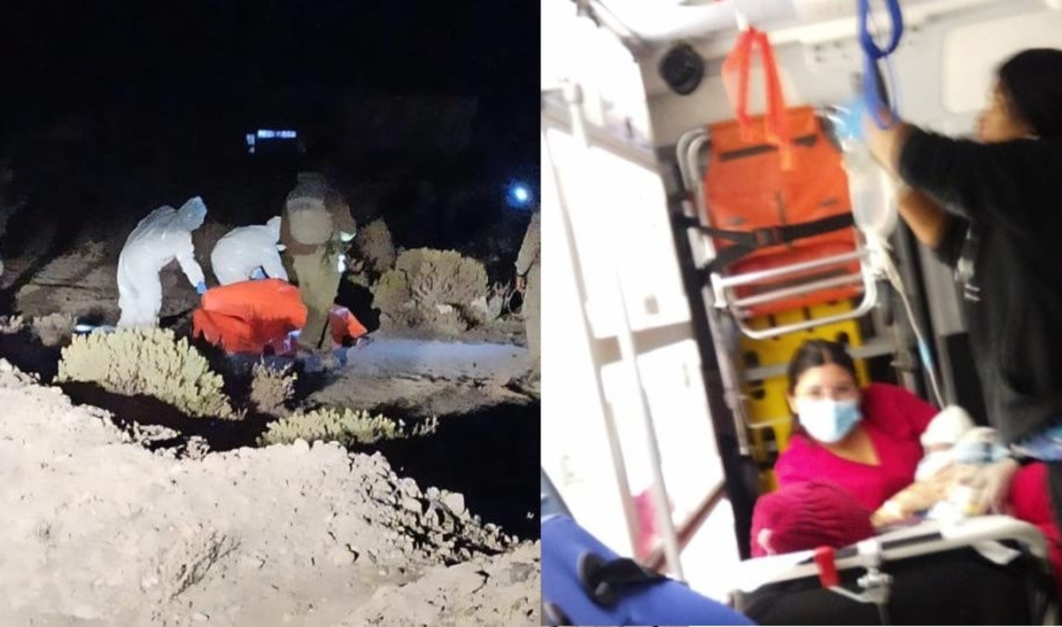 Personal de SML trabajando tras hallazdo de mujer fallecida y mujer boliviana con su hijo en ambulancia tras dar a luz en la frontera
