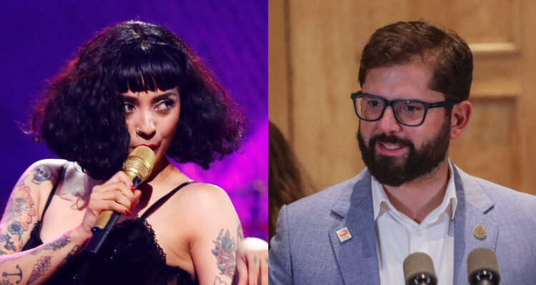 La cantante Mon Laferte cantando en el Festival de Viña del Mar. A su lado, Gabriel Boric dando un discurso.