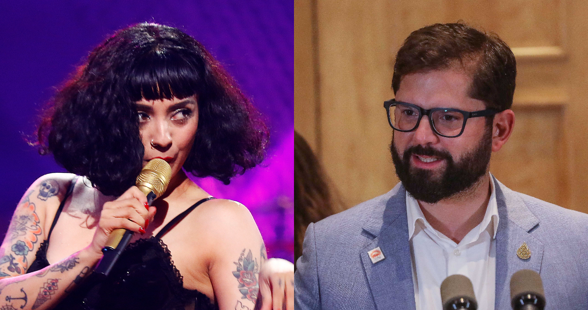 La cantante Mon Laferte cantando en el Festival de Viña del Mar. A su lado, Gabriel Boric dando un discurso.