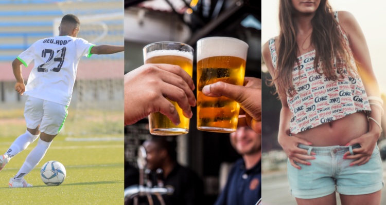 Hombre jugando futbol (izquierda), personas tomando cerveza (centro) y una mujer usando short y polera sin mangas (derecha). referencias de elementos prohibidos en el mundial de Qatar