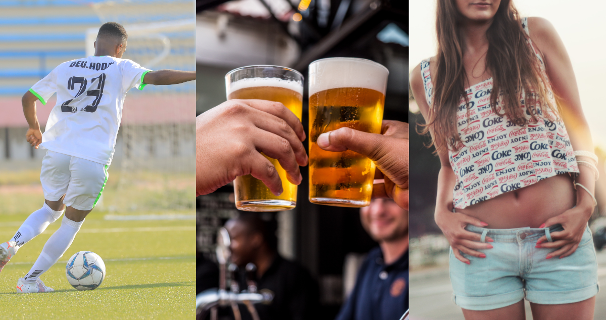 Hombre jugando futbol (izquierda), personas tomando cerveza (centro) y una mujer usando short y polera sin mangas (derecha). referencias de elementos prohibidos en el mundial de Qatar