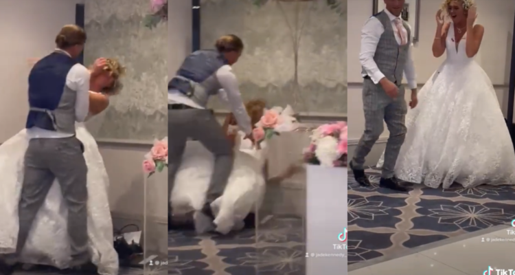 Novio embarra pastel a su novia en la boda