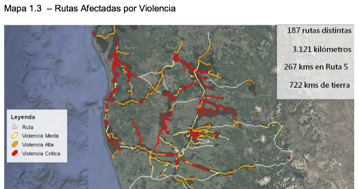 Reporte “Patrones territoriales de violencia en Macrozona Sur”. Rutas afectadas por violencia. Fuente: Atisba.