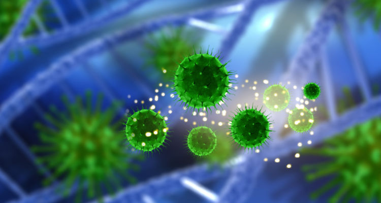 Ilustración en 3D del virus de ómicron en colores azul, verde y blanco. Especialistas explican cómo protegerse de subvariante “Perro del Infierno”