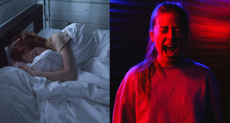 Persona con apnea del sueño (izquierda) y una mujer dentro de una pesadilla (derecha). Nuevo tratamiento para mejorar pesadillas