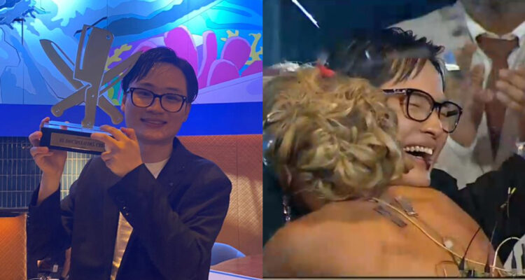 El cocinero chino Yuhui Lee sonríe a la cámara con su trofeo de El Discípulo del Chef. Asimismo, una foto de su reacción al ganar el programa.