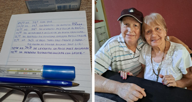 Imagen de los apuntes del abuelo (izquierda) y la pareja de abuelitos junta (derecha)