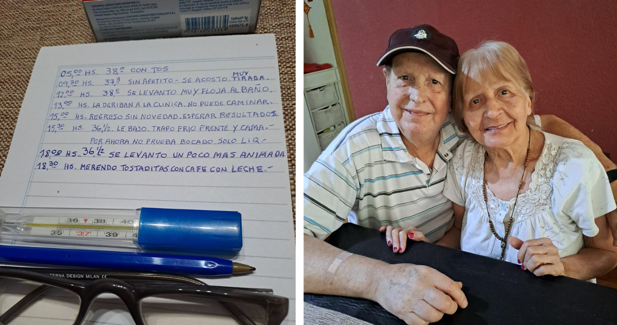 Imagen de los apuntes del abuelo (izquierda) y la pareja de abuelitos junta (derecha)