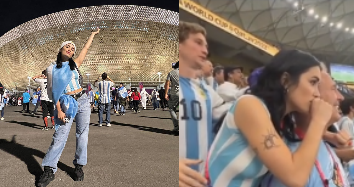 Lali afuera de un estadio en Qatar (izquierda) captura del video que muestra el gesto de acoso (derecha)
