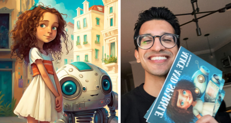 Fotografía del libro infantil “Alice and Sparkle” creado con inteligencia artificial (izquierda) y una fotografía del autor del libro Ammaar Reshi (derecha)