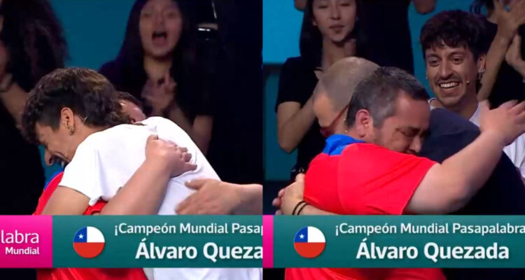 El ganador de Pasapalabra Álvaro Quezada abrazando a su contrincante y a Julián Elfenbein en el programa.