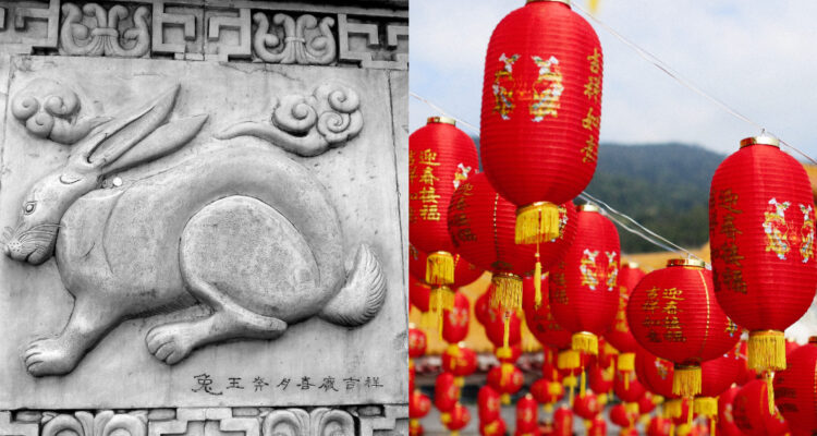 Una liebre tallada en piedra en un edificio chino. A su lado, lámparas chinas en celebración del año nuevo chino. La Liebre será la protagonista del 2023 según el Horóscopo Chino.