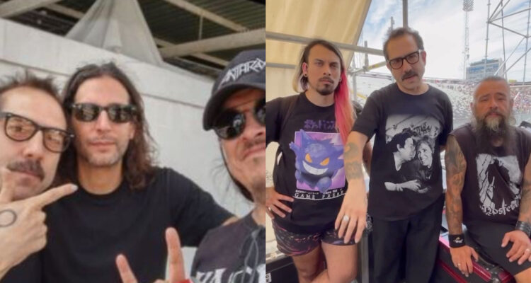 Vocalistas de los grupos Weichafe y Rama con el sonidista Cristián Mardones. A su lado, la banda Weichafe en el escenario del Knotfest anunciando que se canceló su concierto.