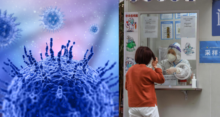 Ilustración de un virus en referencia a variante BF.7 (izquierda) imagenes de China ante el brote de covid (derecha)