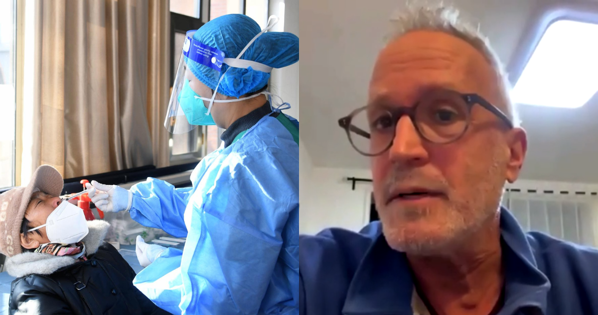 Trabajador sanitario en China realizando un examen PCR (izquierda). Médico en Beijing hablando sobre el nuevo brote que afecta al país (Derecha)